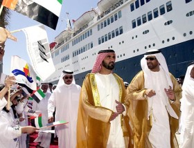 H.H. Shaikh Mohammad Bin Rashid Al Maktoum, Vice-President and Prime Minister of the UAE and Ruler of Dubai, visiting the Queen Elizabeth 2 during its first call at the Dubai Cruise Terminal in 2001. 