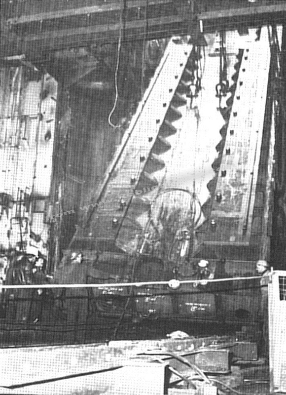 One of the engine bedplates being lowered into the machinery space