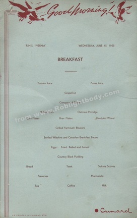 RMS Ivernia menu from June 15th 1955