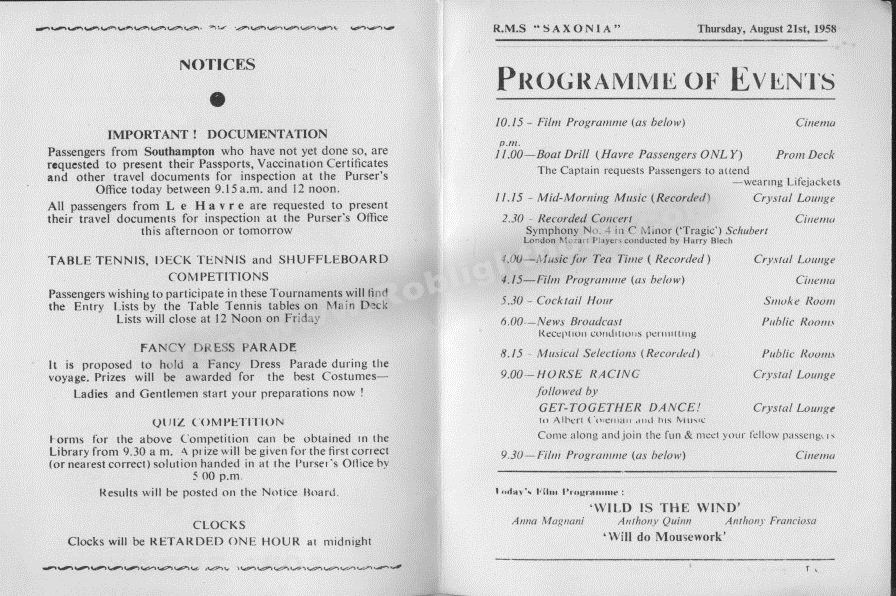 RMS Saxonia Programme of Events for August 21st 1958