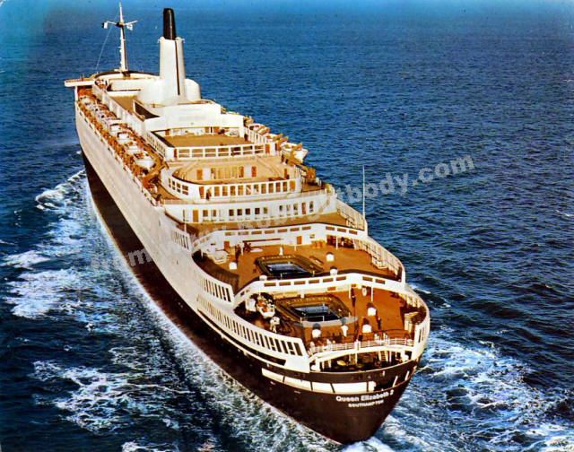 Back Cover : QE2 on Trials.  Note the huge area of open sheltered deck.