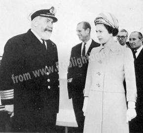 The Queen and Prince Philip with Captain Warwick on the bridge of 'Queen Elizabeth 2' on the eve of the ship's maiden voyage to New York. Sir Basil Smallpeice, Chairman of Cunard, is on the right.