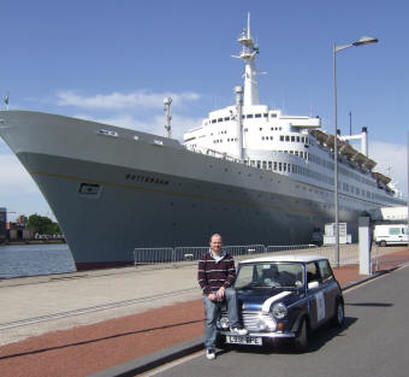 Rob and his classic Mini in front of the SS Rotterdam liner